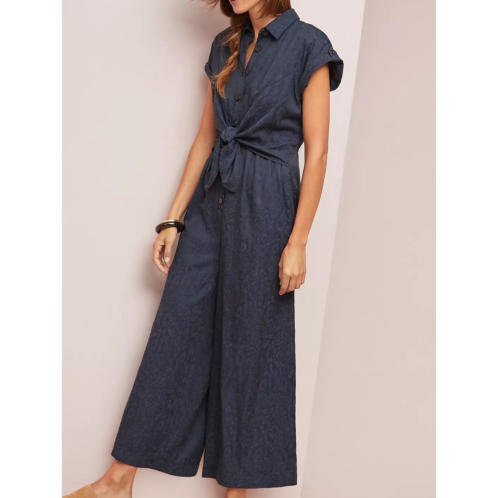 Ett:Twa Anthropologie James Tie -Waist Wide Leg Jumpsuit Size 8 Navy Damask